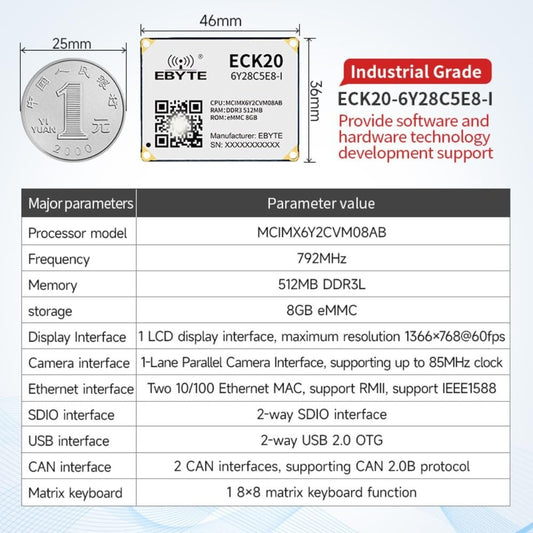 ECK20-6Y28C5E8-I 512 MB Memory Industrial Grade i.MX6ULL core board Low power consumption Dual Ethernet Rich I/O functions
