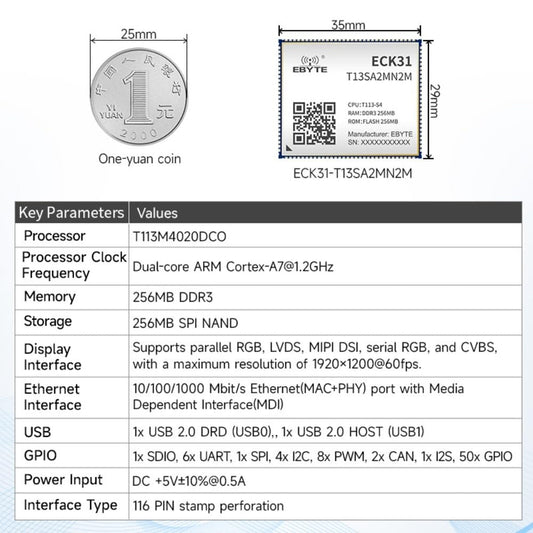 ECK31-T13SA2MN2M 256MB Storage Capacity Made-in China Based on the Allwinner T113 design T113 Core Board Rich I/O Functions supports Linux and QT