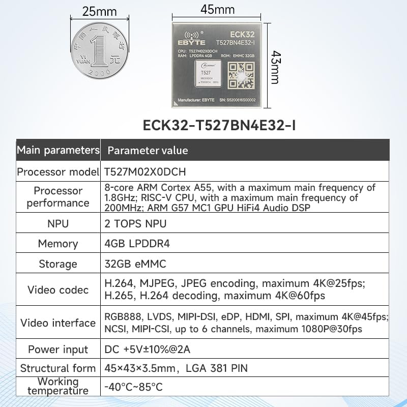 ECK32-T527BN4E32-I Allwinner T527 Core board Based on the Allwinner T527 8-core ARM Cortex A55 RISC-V HiFi4 DSP Integrates a new generation of GPU