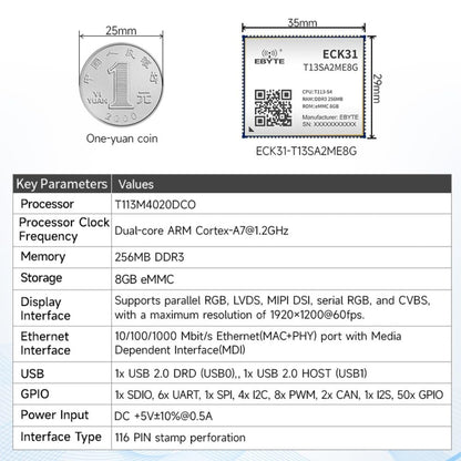 ECK31-T13SA2ME8G 8GB Storage Capacity Made-in China Based on the Allwinner T113 design T113 Core Board Rich I/O Functions supports Linux and QT