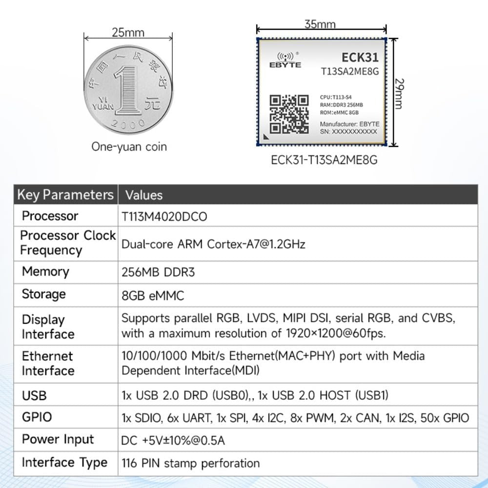 ECK31-T13SA2ME8G 8GB Storage Capacity Made-in China Based on the Allwinner T113 design T113 Core Board Rich I/O Functions supports Linux and QT