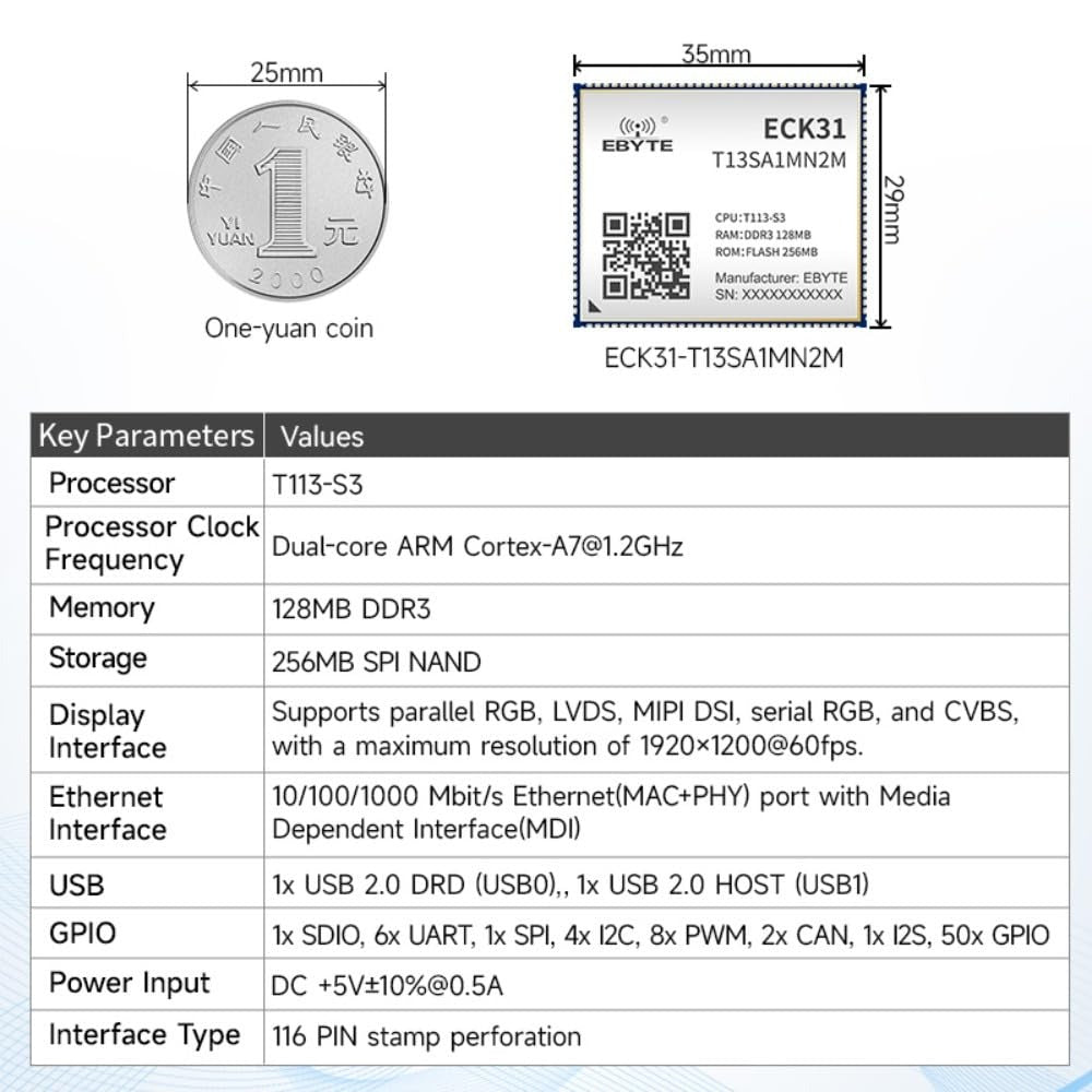 ECK31-T13SA1MN2M 256MB Storage Capacity Made-in China Based on the Allwinner T113-S design T113-S Core Board Rich I/O Functions supports Linux and QT