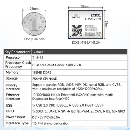 ECK31-T13SA1MN2M 256MB Storage Capacity Made-in China Based on the Allwinner T113-S design T113-S Core Board Rich I/O Functions supports Linux and QT