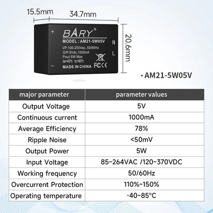 AC-DC Buck Power Supply Module 100V 250V To 5V 5W  Step-down Voltage  AM21 Series AC Isolation Stabilized Power Supply