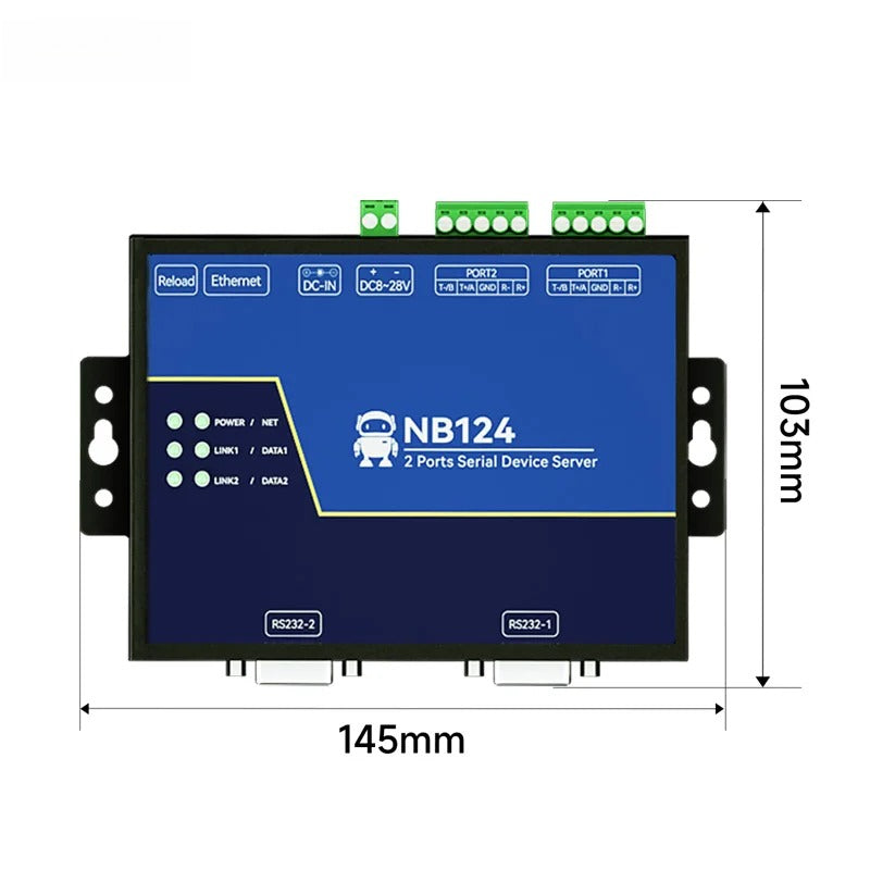 2 Channel RS485 RS232 RS422 to Ethnernet Serial Server NB124-V2 Modbus UDP MQTT HTTP Gateway Watchdog Industrial Grade