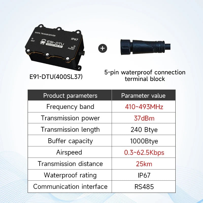 LoRa Modem IP67 Dust and Water Resistance Wireless Data Transmitter 433/868/915MHz CDSENTE E91-DTU Series RS485 Modbus 25KM