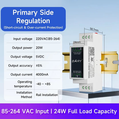 AC-DC Isolated Step-Down DIN Rail Power Supply Module 12/20/24W 2.75KV BAD11 BAD31 Over-Voltage Protection Input Surge Protection