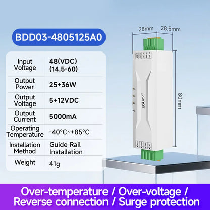 DC-DC Step Down Power Supply Module 48/80V Input 5/24V Output Over Current Protection Rail-mounted Installation Industrial Grade
