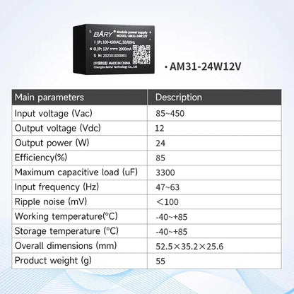 AC-DC Buck Converter Power Supply Module Short Circuit Protection Output 5V 2400mA Input Voltage 85~450V AM31-12W05V