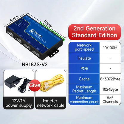 8 Ways RS485 RS232 to Ethernet Serial Server NB183-V2 Series TCP UDP MQTT HTTP Modbus Gateway TCP- RTU POE