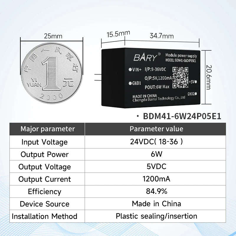 6W/10W/15W Isolated Power Supply Module Output Voltage BDM21-15W24P05E1 BDM21-10W24P05E1 BDM41-6W24P05E1 Compact Size