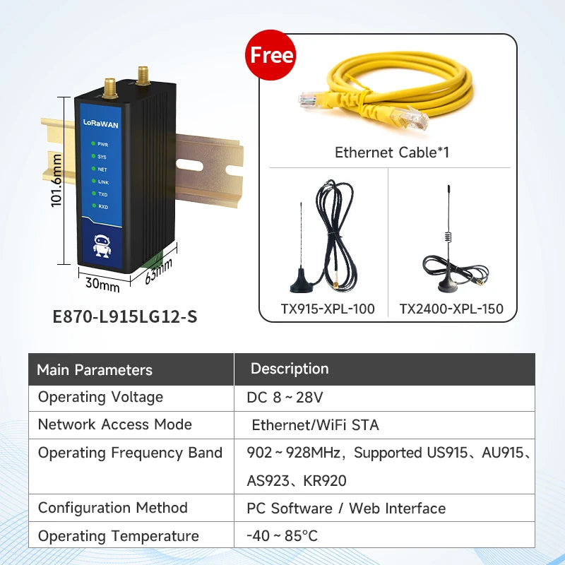 470/868/915M 2.4/4G SX1302 LoraWan Half Duplex Wireless Modem E870 27dbm Distance 3KM PA+LNA Remote Ugrade NTP DC 8-28V
