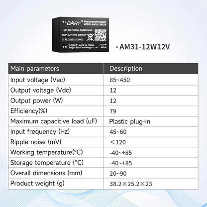 AC-DC Buck Converter Power Supply Module Short Circuit Protection Output 5V 2400mA Input Voltage 85~450V AM31-12W05V
