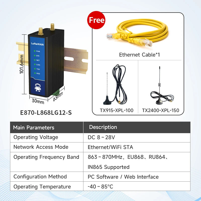 470/868/915M 2.4/4G SX1302 LoraWan Half Duplex Wireless Modem E870 27dbm Distance 3KM PA+LNA Remote Ugrade NTP DC 8-28V