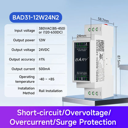 AC-DC Isolated Step-Down DIN Rail Power Supply Module 12W  BAD11 BAD31 Over-Voltage Protection Input Surge Protection