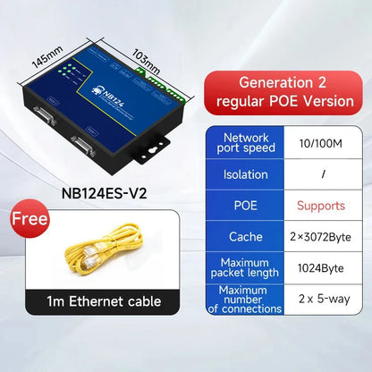2 Channel RS485 RS232 RS422 to Ethnernet Serial Server NB124-V2 Modbus UDP MQTT HTTP Gateway Watchdog Industrial Grade