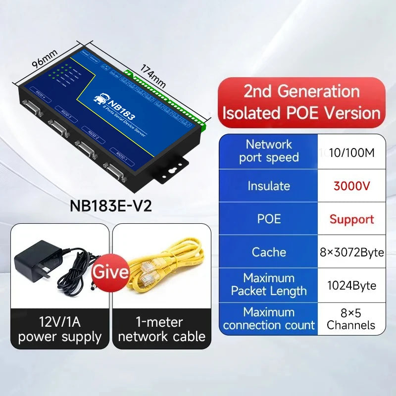 8 Ways RS485 RS232 to Ethernet Serial Server NB183-V2 Series TCP UDP MQTT HTTP Modbus Gateway TCP- RTU POE