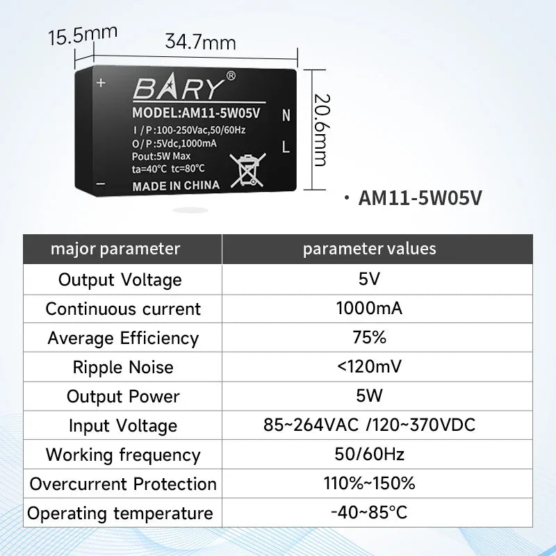 AC-DC 100~250V Buck Power Supply Module 2400mA Output Power 5/12/20/24W Fireproof Shell Low Power Consumption