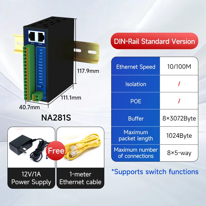 8 Ways RS485 RS232 to Ethernet Serial Server NB183-V2 Series TCP UDP MQTT HTTP Modbus Gateway TCP- RTU POE