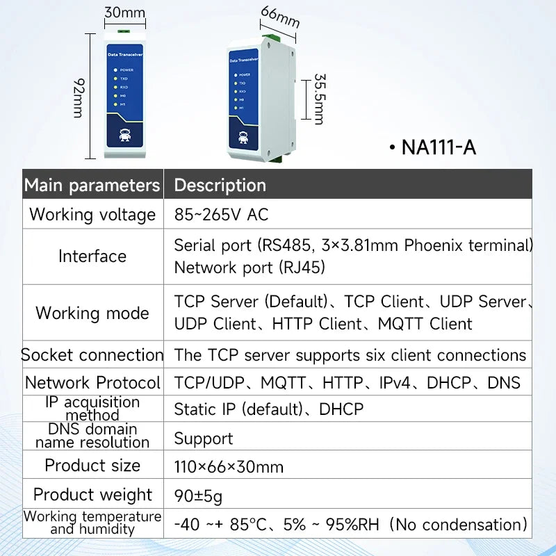 RS485 to Ethernet Serial Server NA111 Series DC/AC/POE Modbus Industrial Grade AT Command TCP/UDP MQTT Small Size