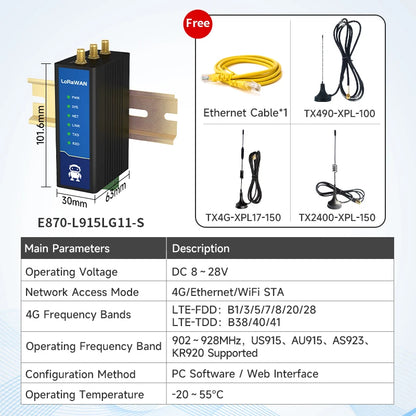 470/868/915M 2.4/4G SX1302 LoraWan Half Duplex Wireless Modem E870 27dbm Distance 3KM PA+LNA Remote Ugrade NTP DC 8-28V