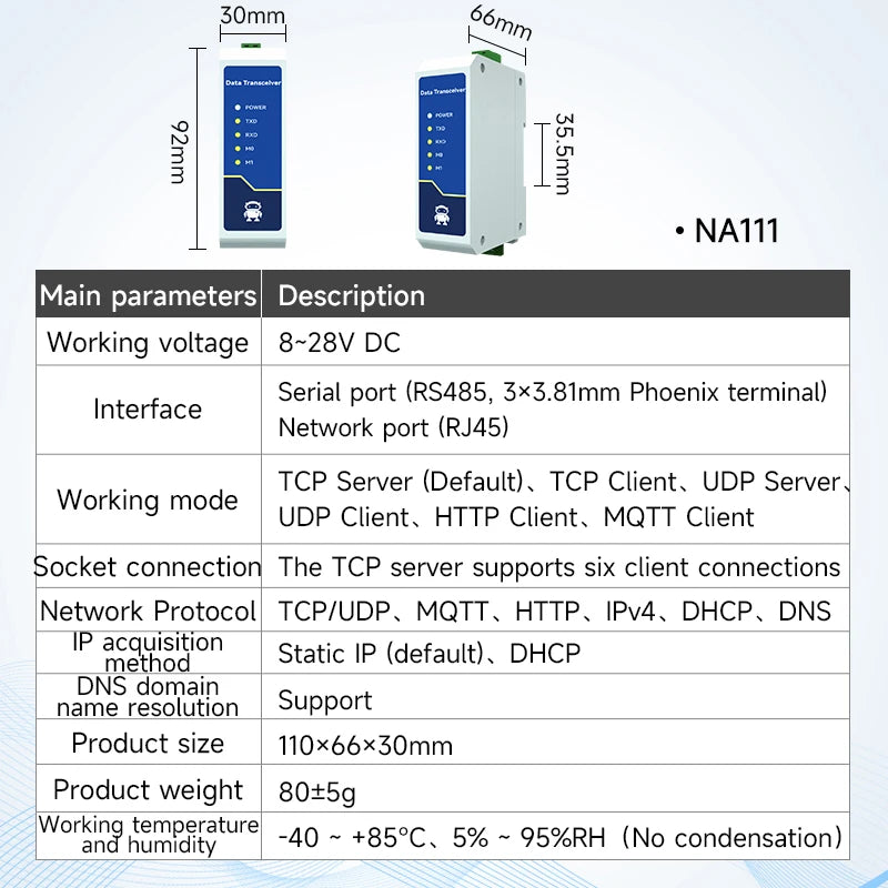 RS485 to Ethernet Serial Server NA111 Series DC/AC/POE Modbus Industrial Grade AT Command TCP/UDP MQTT Small Size
