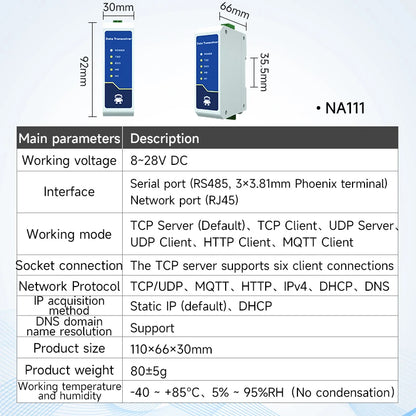 RS485 to Ethernet Serial Server NA111 Series DC/AC/POE Modbus Industrial Grade AT Command TCP/UDP MQTT Small Size