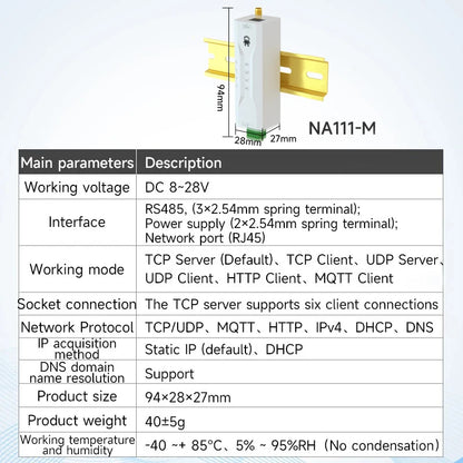 RS485 to Ethernet Serial Server NA111 Series DC/AC/POE Modbus Industrial Grade AT Command TCP/UDP MQTT Small Size