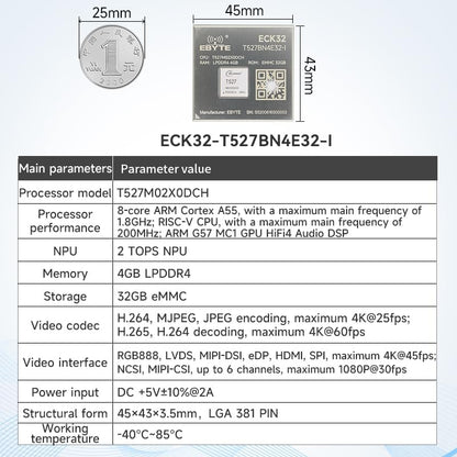 ECK32-T527BN4E32-I Allwinner T527 Core board Based on the Allwinner T527 8-core ARM Cortex A55 RISC-V HiFi4 DSP Integrates a new generation of GPU