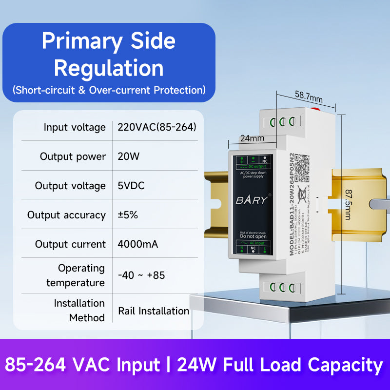AC-DC Isolated Step-Down DIN Rail Power Supply Module 12/20/24W 2.75KV BAD11 BAD31 Over-Voltage Protection Input Surge Protection